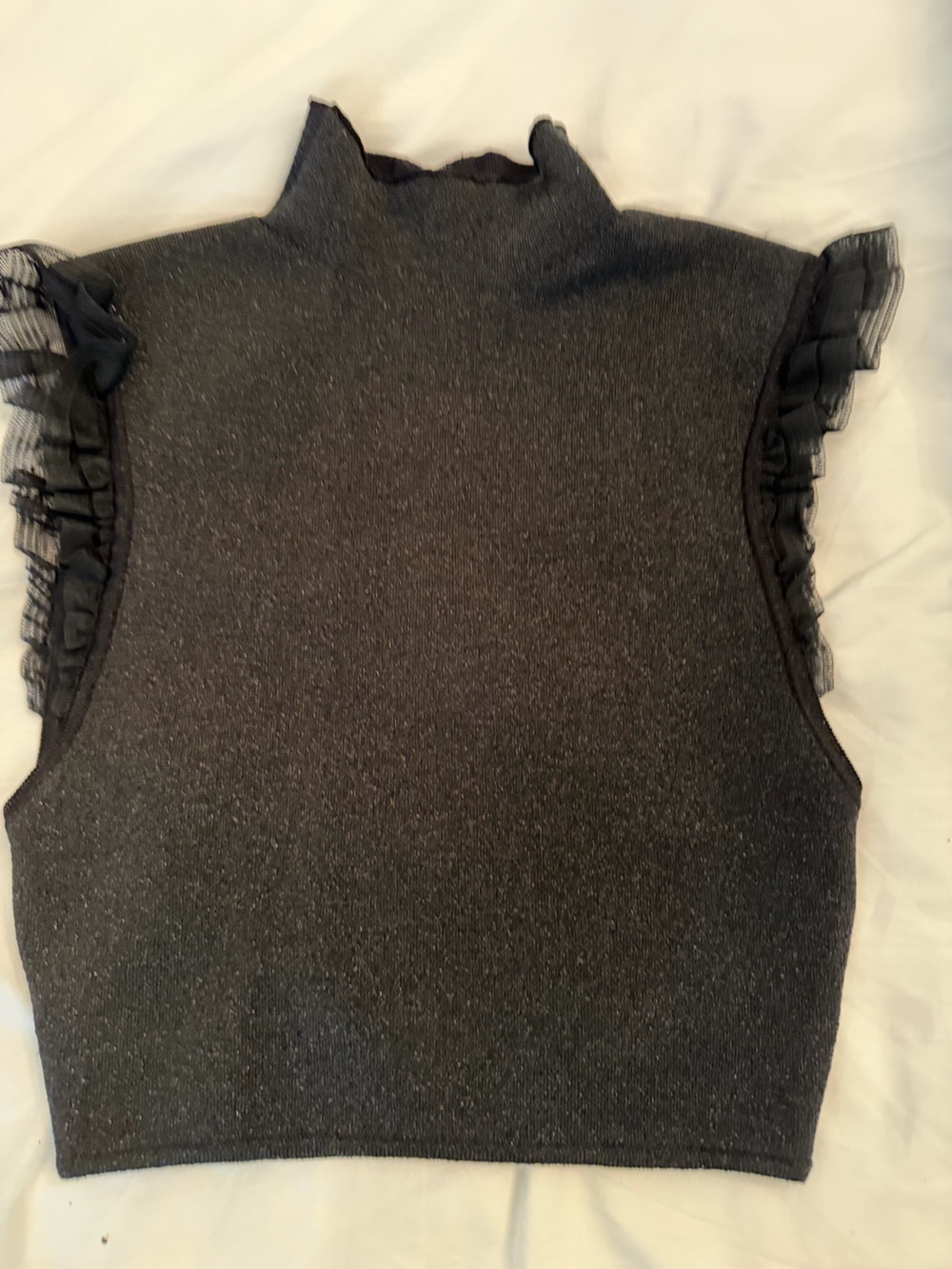 Alice + Olivia Black Metallic Mock Neck Ruffle Sleeve Crop Top - Picture 3 of 3